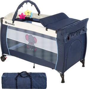 Tectake 402201 travel cot elephant 132x75x104cm with changing mat, play bar & carry bag - blue