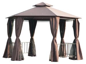 Outsunny Hexagon Gazebo Patio Canopy Party Tent Outdoor Garden Shelter w/ 2 Tier Roof & Side Panel - Brown