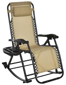 Outsunny Garden Rocking Chair Folding Recliner Outdoor Adjustable Sun Lounger Rocker Zero-Gravity Seat with Headrest Side Holder Patio Deck - Beige