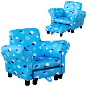 HOMCOM Kids Children Armchair Mini Sofa Wood Frame w/ Footrest Anti-Slip Legs High Back Arms Bedroom Playroom Furniture Cute Cloud Star Blue