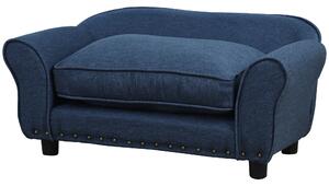 PawHut Stylish Linen Pet Sofa w/ Wood Frame Metal Studding Removable Cushion 4 Legs Dog Cat Bed Seat Padded Home Furniture Dark Blue