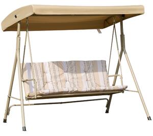 Outsunny 3 Seater Garden Swing Chair Patio Rocking Bench w/ Tilting Canopy, Removable Cushion, Light Brown Top, Brown