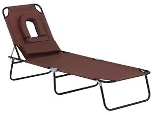 Outsunny Sun Lounger Foldable Reclining Chair with Pillow and Reading Hole Garden Beach Outdoor Recliner Adjustable Brown
