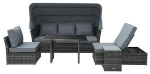 Outsunny 5-Seater Outdoor Rattan Garden Sofa Sets Reclining Sofa Adjustable Canopy & Side Dining Table Set, Mixed Grey