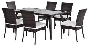 Outsunny 6-Seater Rattan Dining Set 6 Wicker Weave Chairs & Tempered Glass Top Dining Table 6 Seater Outdoor Backyard Garden Furniture, Brown