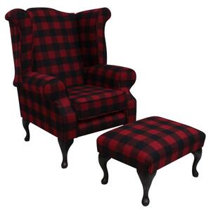 Chesterfield High Back Wing Chair + Footstool Buffalo Red Wool In Queen Anne Style