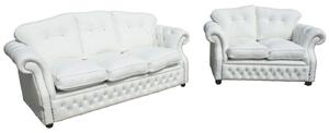 Chesterfield 3+2 Seater Sofa Suite Crystal White Leather In Era Style
