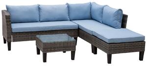 Outsunny 4-Seater Rattan Garden Furniture Corner Sofa Set w/ 2 Seats Footstool Square Glass Top Coffee Table Thick Blue Cushions Solid Legs - Grey