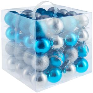 403322 christmas baubles set of 64 in silver/blue - silver/blue