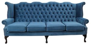 Chesterfield 4 Seater High Back Wing Sofa Amalfi Cadet Blue Velvet In Queen Anne Style