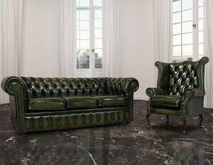 Chesterfield 3 Seater + Queen Anne Wing Chair Sofa Suite In Antique Green Leather