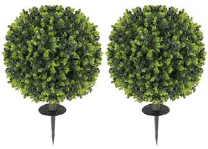 HOMCOM Set of 2 40 cm Artificial Boxwood Topiary Ball Bush with Integrated Ground Stake, Indoor Outdoor UV Resistant Faux Greenery, Faux Plants for Garden, Porch, Balcony
