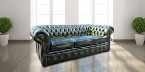 Chesterfield 3 Seater Antique Green Leather Sofa In Classic Style