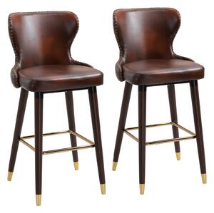 HOMCOM Set of 2 PU Leather Vintage Counter-Height Bar Chair, Home Luxury European Style Bar Stool Kitchen Counter with Back, Brown and Golden