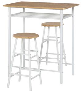 HOMCOM Bar Table Set, Bar Set-1 Bar Table and 2 Stools with Metal Frame Footrest and Storage Shelf for Kitchen, Dining Room, Pub, Cafe, White and Oak