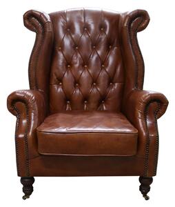 Vintage Chesterfield High Back Chair Distressed Tan Real Leather