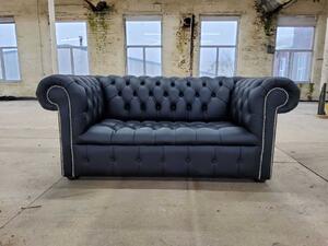 Chesterfield 2 Seater Buttoned Seat Silver Stud Sofa Black Real Leather In Classic Style