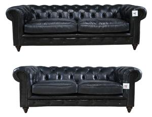 Vintage 3+2 Earle Chesterfield Sofa Suite Distressed Black Real Leather