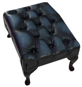 Leather Queen Anne Footstool Buttoned Seat In Antique Blue Colour