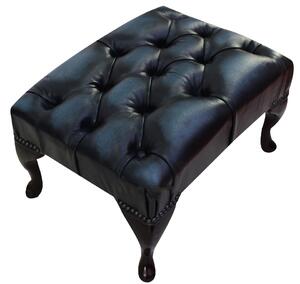 Leather Queen Anne Footstool Buttoned Seat In Antique Blue Colour
