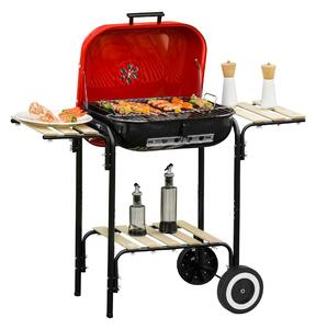 Outsunny Charcoal Trolley BBQ Barbecue Grill Patio Camping Picnic Garden Party Outdoor Cooking with Lid Wheels Side Trays and Storage Shelf