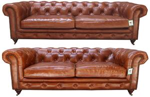 Vintage Chesterfield 3+2 Seater Sofa Suite Distressed Tan Real Leather