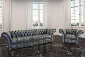 Chesterfield 4 Seater + Armchair Antique Blue Leather Button Seat Sofa Suite In Balmoral Style