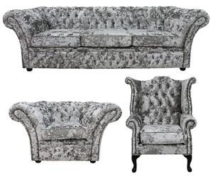 Chesterfield 4 Seater + Club Armchair + Queen Anne Chair Lustro Argent Velvet Fabric Sofa Suite In Balmoral Style