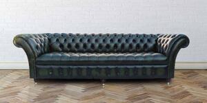 Chesterfield 4 Seater Antique Green Leather Buttoned Seat Sofa In Balmoral Style