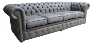 Chesterfield 4 Seater Sofa Shelly Silver Grey Real Leather In Classic Style
