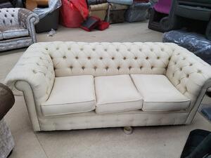 Chesterfield 3 Seater Sofa Settee Charles Cream Linen Fabric In Classic Style