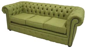 Chesterfield 3 Seater Sofa Charles Olive Green Real Linen Fabric In Classic Style