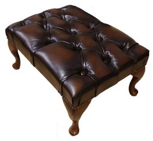 Chesterfield Queen Anne footstool Antique Brown Real Leather In Classic Style