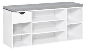 HOMCOM Shoe Storage Bench with Cushion, 7 Compartments, Adjustable Shelves, Drawer, White and Grey