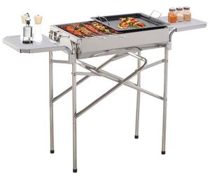 Outsunny Outdoor Folding BBQ Rectangular Stainless Steel Adjustable Pedestal Charcoal Barbecue Grill - Silver