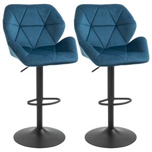 HOMCOM Set Of 2 Luxurious Velvet-Touch Bar Stools w/ Metal Frame Footrest Round Base Triangle Indenting Moulded Seat Adjustable Height Swivel Blue
