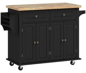 HOMCOM Rolling Kitchen Island with Rubber Wood Top, Drawers and Storage Shelves, Black Aosom UK