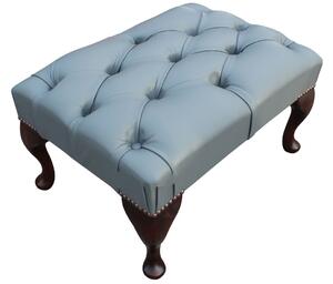Leather Queen Anne Footstool Buttoned Seat In Vele Iron Grey Colour