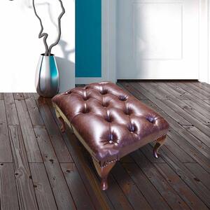 Leather Queen Anne Footstool Buttoned Seat In Old English Dark Brown Colour