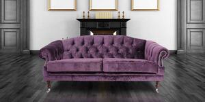 Chesterfield 3 Seater Elegance Aubergine Velvet Fabric Sofa In Victoria Style