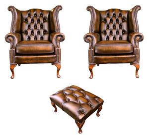 Chesterfield 2 x Wing Chairs +­ Footstool Antique Gold Leather In Queen Anne Style