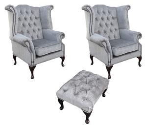 Chesterfield 2 x Wing Chairs + Footstool Perla Illusions Grey Velvet In Queen Anne Style