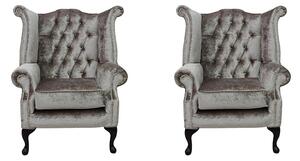 Chesterfield 2 x Wing Chairs Boutique Beige Velvet Bespoke In Queen Anne Style