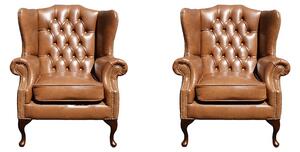 Chesterfield 2 x Wing Chair Old English Tan Leather Bespoke In Mallory Style