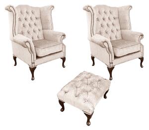 Chesterfield 2 x Wing Chairs + Footstool Harmony Ivory Velvet In Queen Anne Style