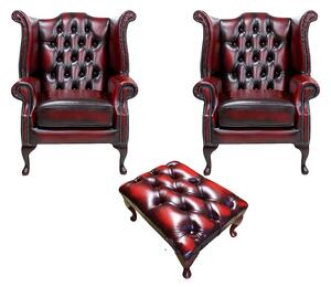 Chesterfield 2 x Wing Chairs +­ Footstool Antique Oxblood Leather In Queen Anne Style