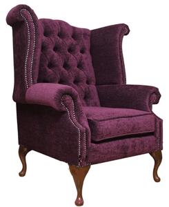 Chesterfield High Back Wing Chair Velluto Aubergine Velvet Fabric In Queen Anne Style