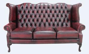 Chesterfield 3 Seater High Back Wing Sofa Antique Oxblood Red Leather In Queen Anne Style