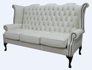 Chesterfield 3 Seater High Back Wing Sofa Shelly White Leather In Queen Anne Style