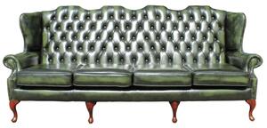 Chesterfield 4 Seater Flat Wing High Back Antique Green Real Leather Sofa In Queen Anne Style